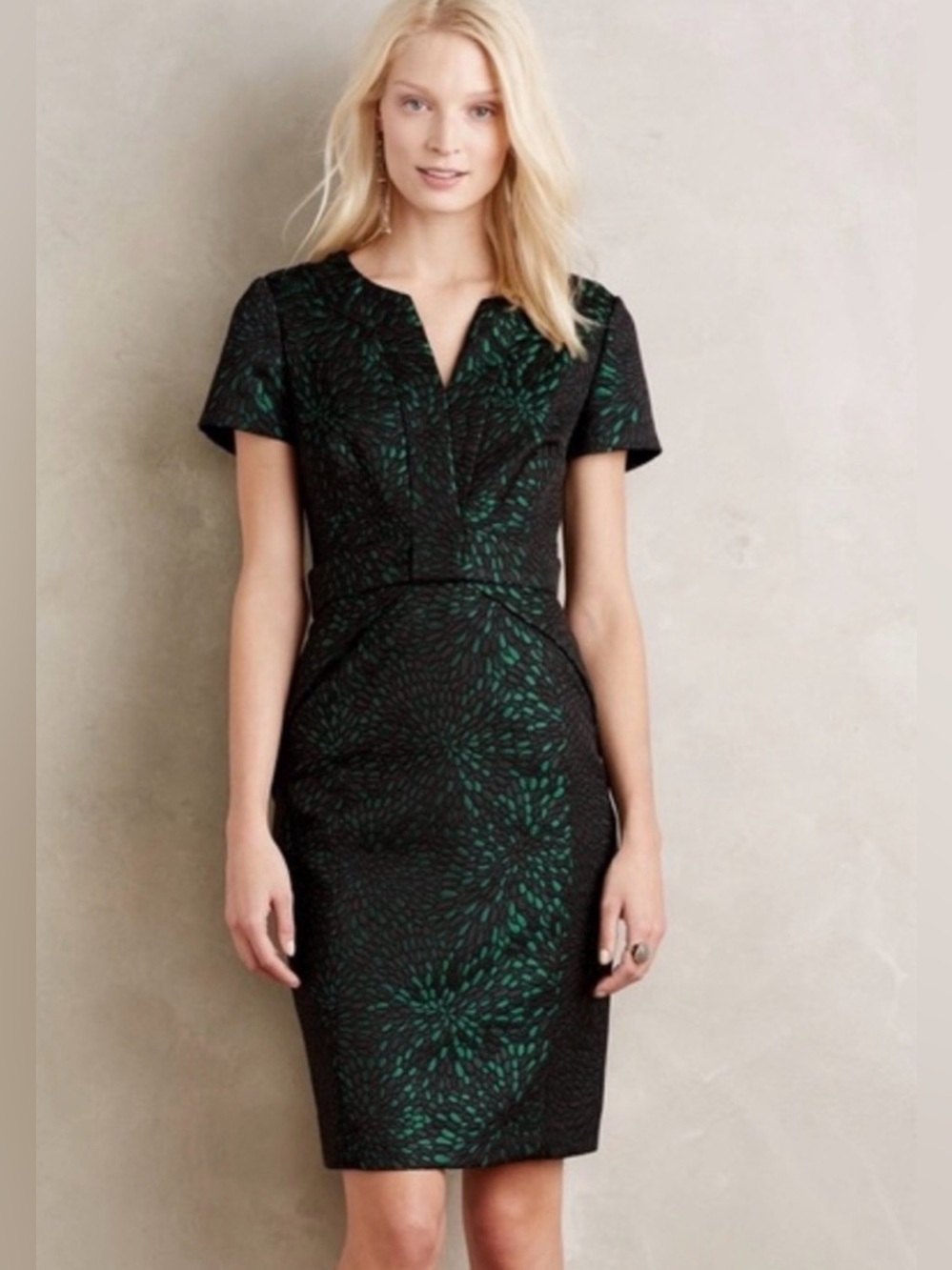Anthropologie / Maeve | Shelby Jacquard Emerald Metallic Sheath Dress, Size 12
